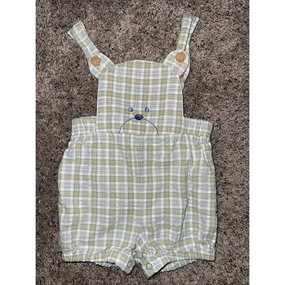 Vintage (Big Bird Tag) Baby Sz 6-9 Months Bear Blue/Green Plaid Bib Shortalls